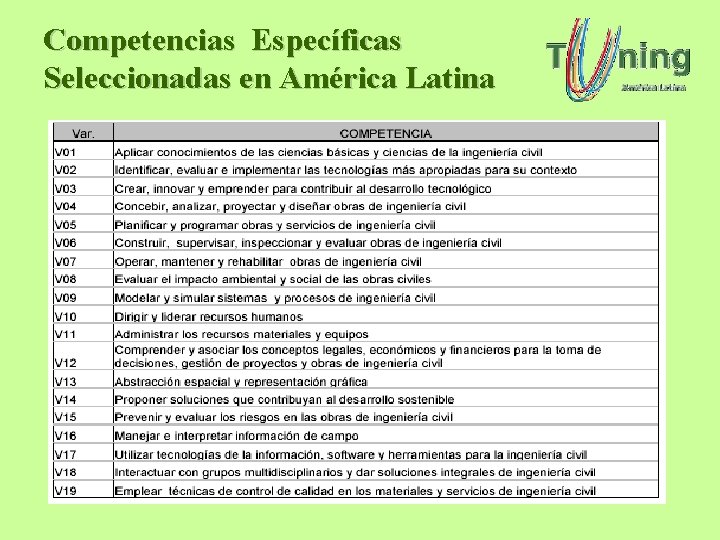 Competencias Específicas Seleccionadas en América Latina Competencias Específicas Seleccionadas en América Latina
