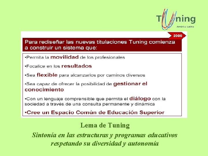 Lema de Tuning Sintonía en las estructuras y programas educativos respetando su diversidad y Lema de Tuning Sintonía en las estructuras y programas educativos respetando su diversidad y