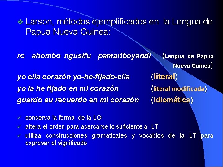 v Larson, métodos ejemplificados en la Lengua de Papua Nueva Guinea: ro ahombo ngusifu