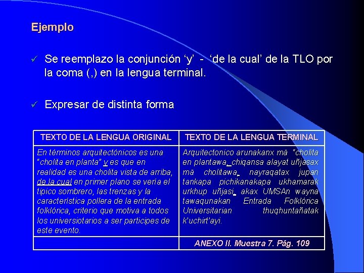 Ejemplo ü Se reemplazo la conjunción ‘y’ - ‘de la cual’ de la TLO