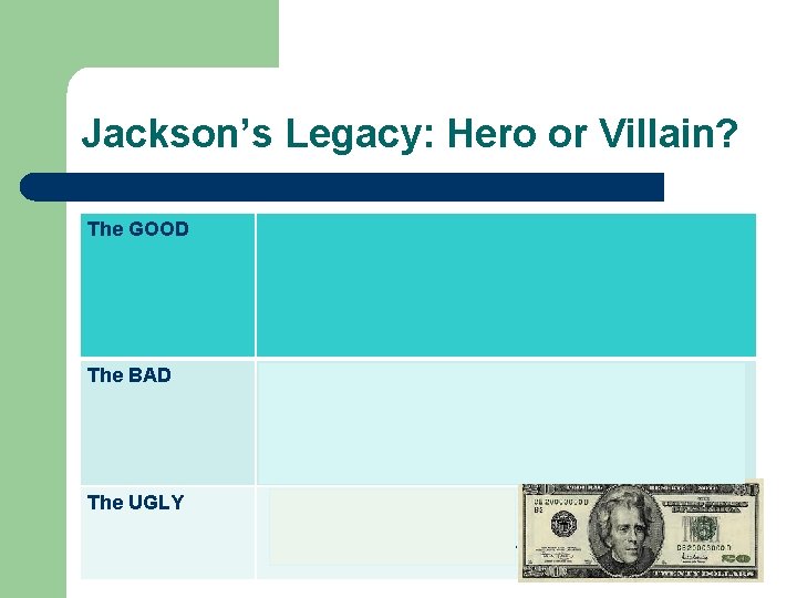 Jackson’s Legacy: Hero or Villain? The GOOD More democratic involvement in Government Looked out