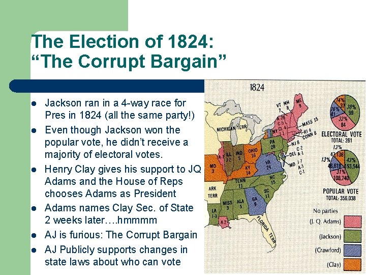 The Election of 1824: “The Corrupt Bargain” l l l Jackson ran in a