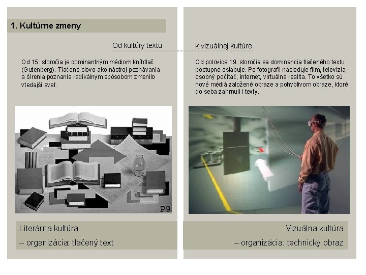 1. Kultúrne zmeny Od kultúry textu Od 15. storočia je dominantným médiom kníhtlač (Gutenberg).