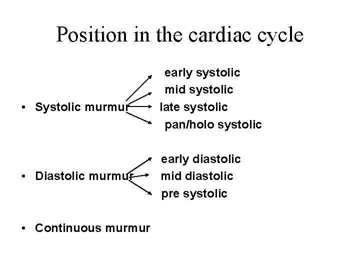 Position in the cardiac cycle • Systolic murmur • Diastolic murmur • Continuous murmur