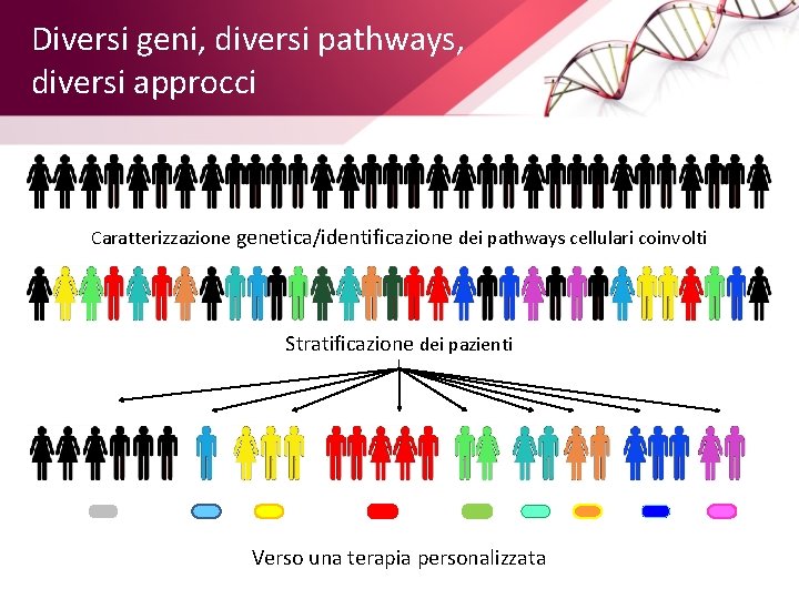 Diversi geni, diversi pathways, diversi approcci Caratterizzazione genetica/identificazione dei pathways cellulari coinvolti Stratificazione dei