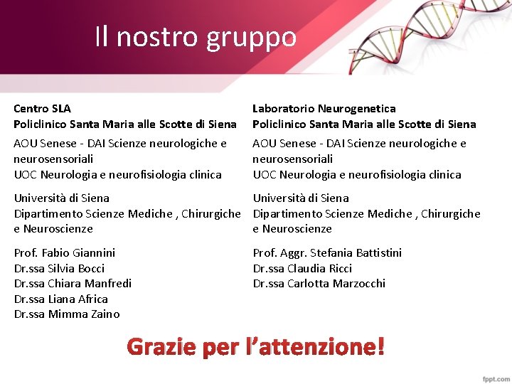 Il nostro gruppo Centro SLA Policlinico Santa Maria alle Scotte di Siena Laboratorio Neurogenetica