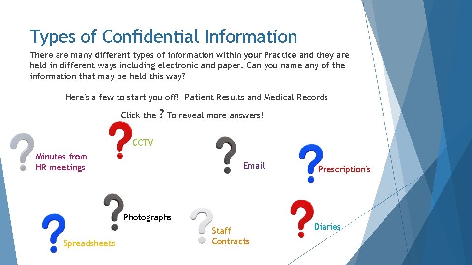 Types of Confidential Information There are many different types of information within your Practice