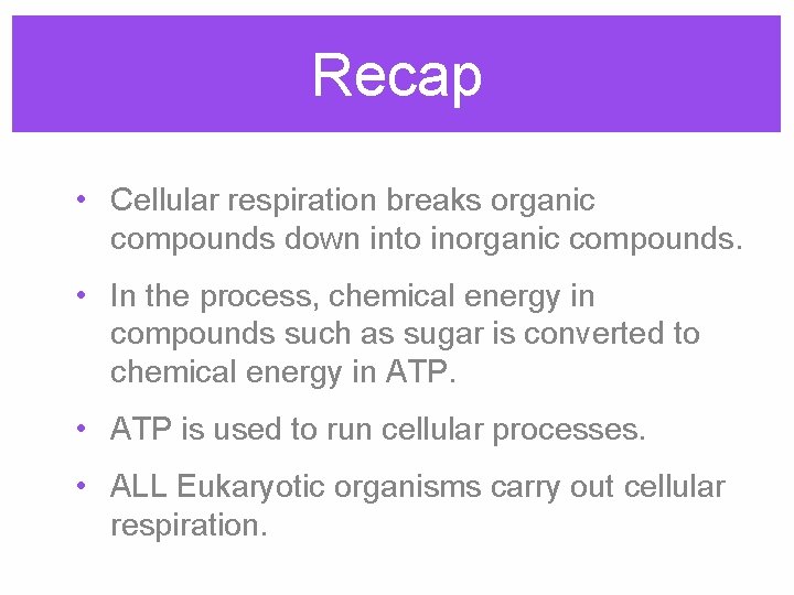 Recap • Cellular respiration breaks organic compounds down into inorganic compounds. • In the