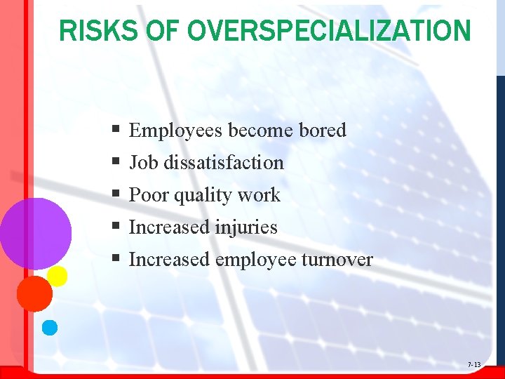 RISKS OF OVERSPECIALIZATION § § § Employees become bored Job dissatisfaction Poor quality work