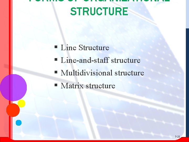 FORMS OF ORGANIZATIONAL STRUCTURE § § Line Structure Line-and-staff structure Multidivisional structure Matrix structure