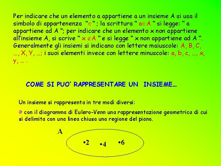 Per indicare che un elemento a appartiene a un insieme A si usa il