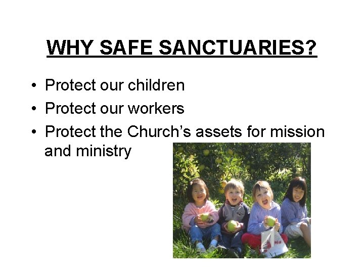 WHY SAFE SANCTUARIES? • Protect our children • Protect our workers • Protect the