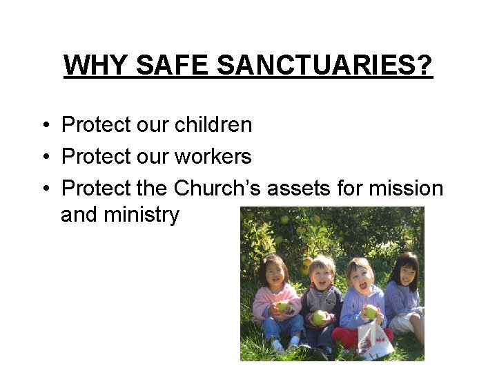 WHY SAFE SANCTUARIES? • Protect our children • Protect our workers • Protect the