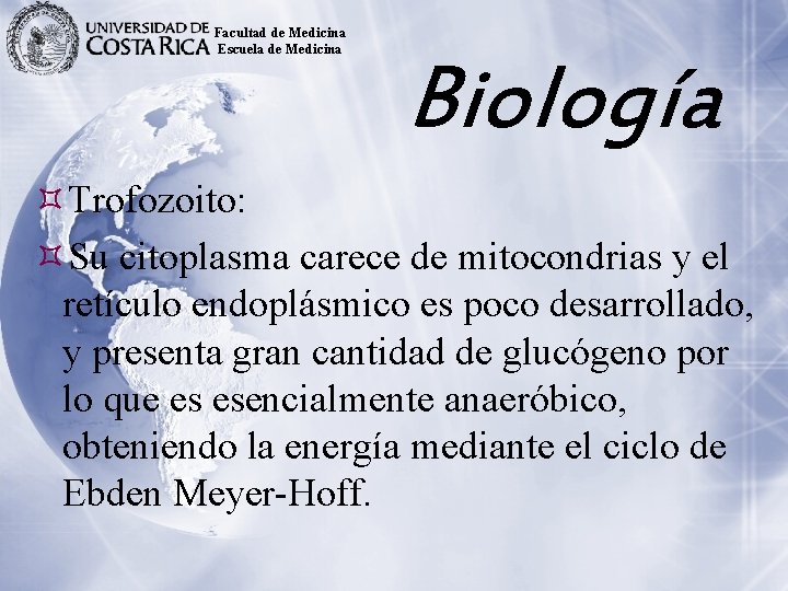 Facultad de Medicina Escuela de Medicina Biología Trofozoito: Su citoplasma carece de mitocondrias y
