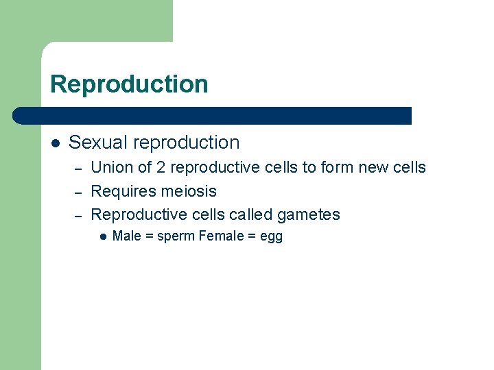 Reproduction l Sexual reproduction – – – Union of 2 reproductive cells to form