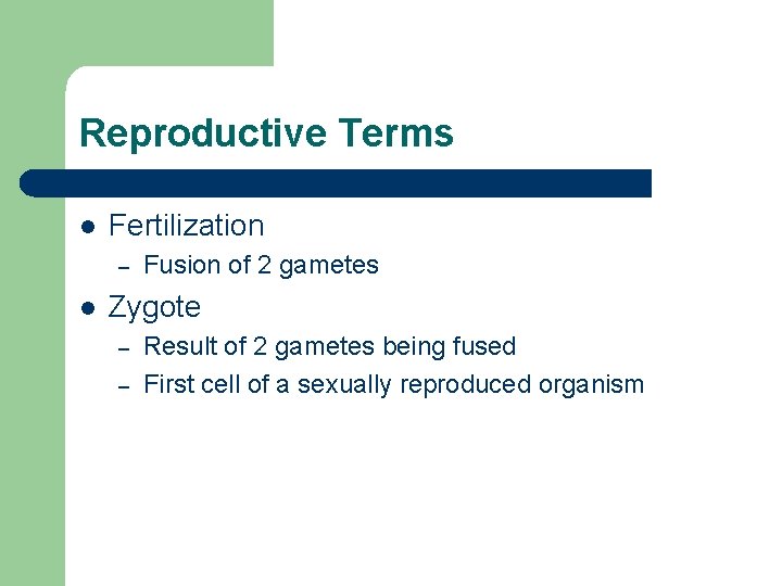 Reproductive Terms l Fertilization – l Fusion of 2 gametes Zygote – – Result