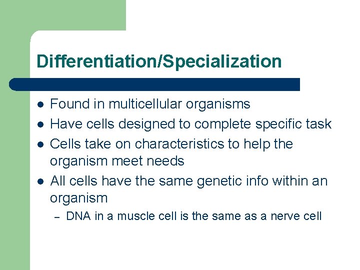 Differentiation/Specialization l l Found in multicellular organisms Have cells designed to complete specific task