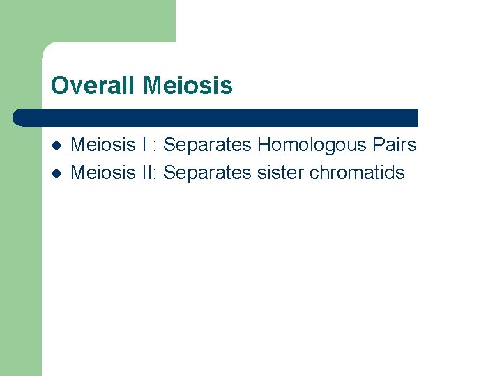 Overall Meiosis l l Meiosis I : Separates Homologous Pairs Meiosis II: Separates sister