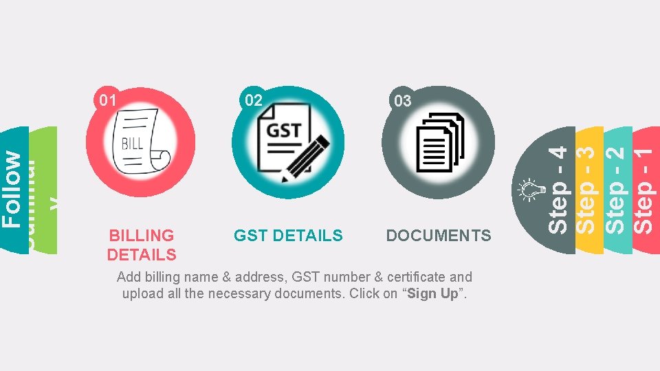 BILLING DETAILS 02 GST DETAILS 03 DOCUMENTS Add billing name & address, GST number