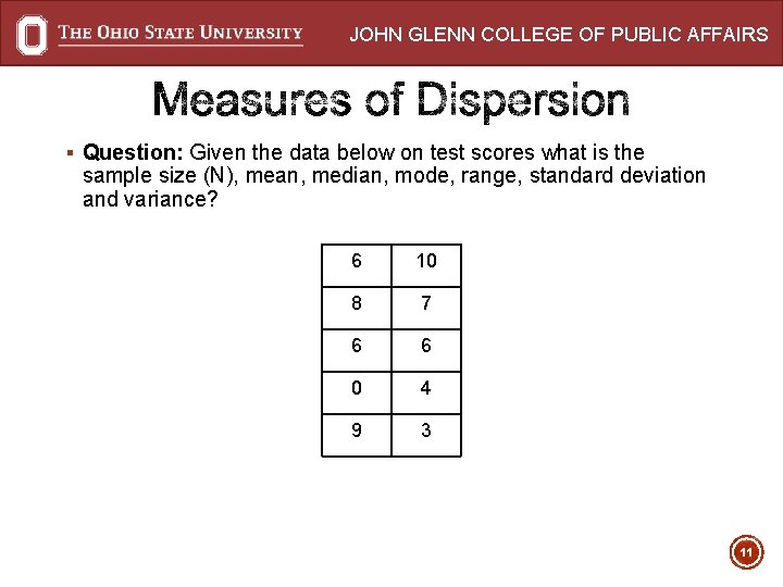 JOHN GLENN COLLEGE OF PUBLIC AFFAIRS § Question: Given the data below on test