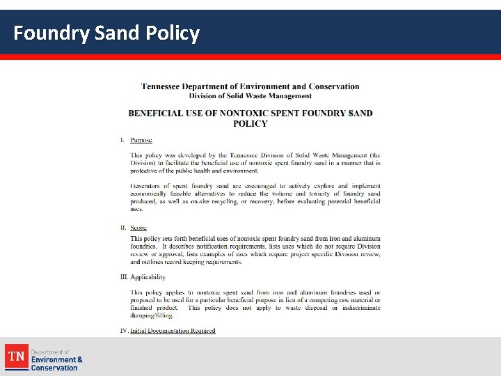Foundry Sand Policy 