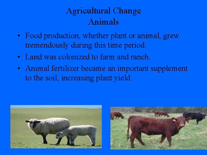 Agricultural Change Animals • Food production, whether plant or animal, grew tremendously during this