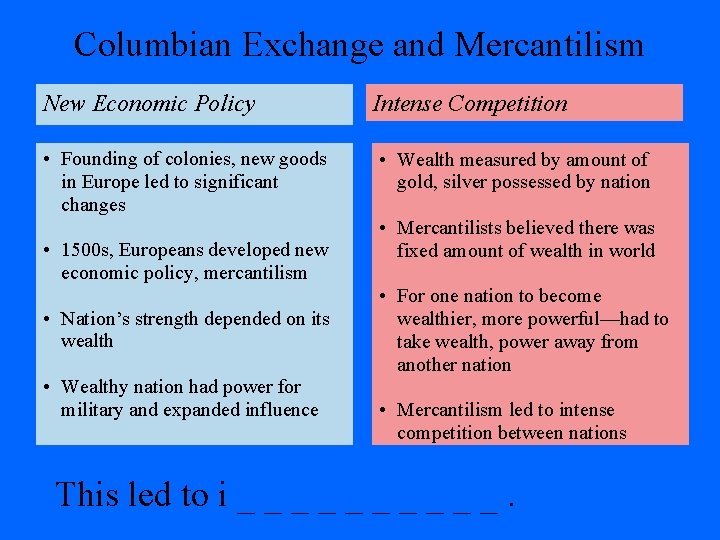 Columbian Exchange and Mercantilism New Economic Policy Intense Competition • Founding of colonies, new