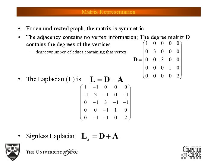 Matrix Representation • For an undirected graph, the matrix is symmetric • The adjacency