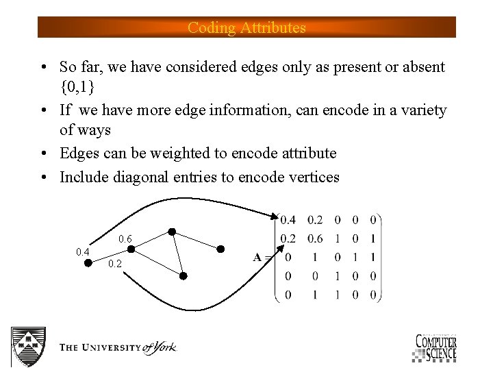 Coding Attributes • So far, we have considered edges only as present or absent