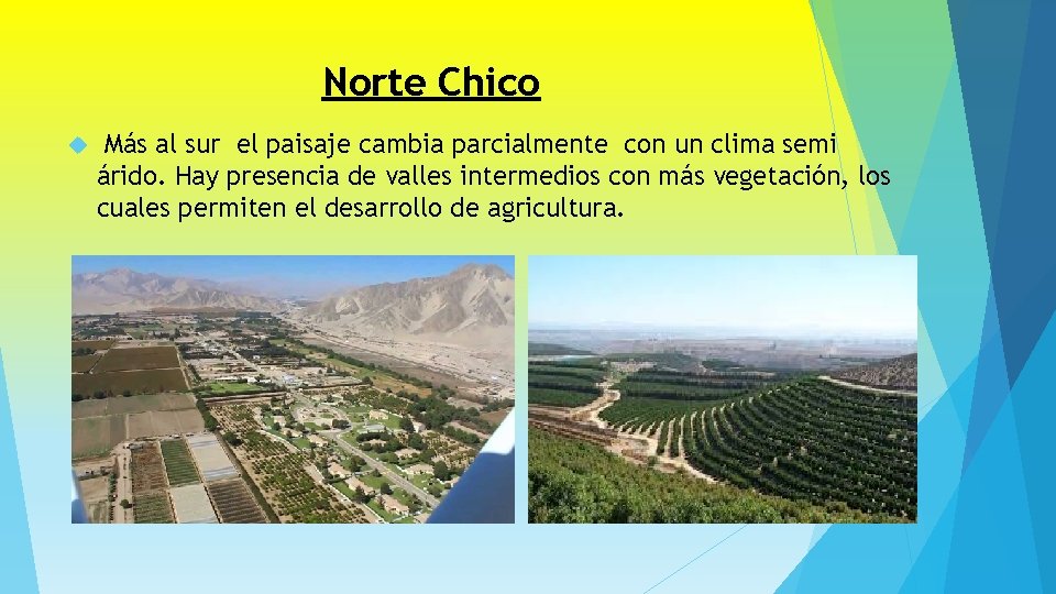 Norte Chico Más al sur el paisaje cambia parcialmente con un clima semi árido.