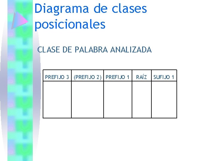 Diagrama de clases posicionales CLASE DE PALABRA ANALIZADA PREFIJO 3 (PREFIJO 2) PREFIJO 1 Diagrama de clases posicionales CLASE DE PALABRA ANALIZADA PREFIJO 3 (PREFIJO 2) PREFIJO 1