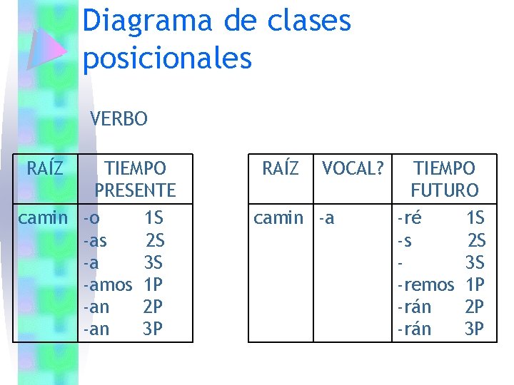 Diagrama de clases posicionales VERBO RAÍZ TIEMPO PRESENTE camin -o 1 S -as 2 Diagrama de clases posicionales VERBO RAÍZ TIEMPO PRESENTE camin -o 1 S -as 2