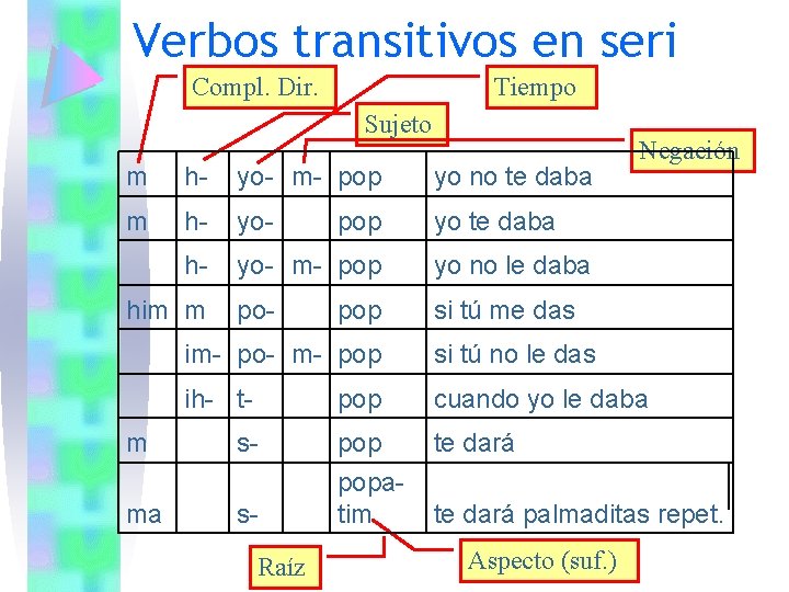 Verbos transitivos en seri Compl. Dir. Tiempo Sujeto m h- yo- m- pop yo Verbos transitivos en seri Compl. Dir. Tiempo Sujeto m h- yo- m- pop yo