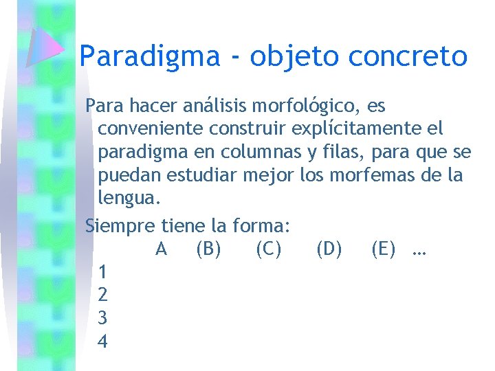 Paradigma - objeto concreto Para hacer análisis morfológico, es conveniente construir explícitamente el paradigma Paradigma - objeto concreto Para hacer análisis morfológico, es conveniente construir explícitamente el paradigma