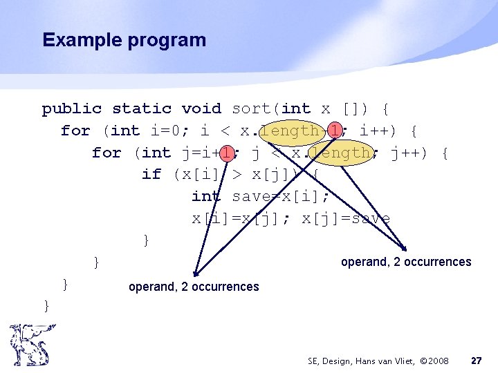 Example program public static void sort(int x []) { for (int i=0; i <