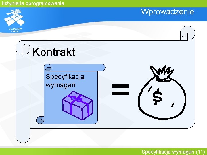 Inżynieria oprogramowania Wprowadzenie Kontrakt Specyfikacja wymagań = Specyfikacja wymagań (11) 