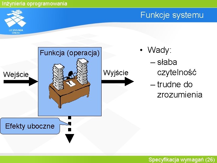 Inżynieria oprogramowania Funkcje systemu Funkcja (operacja) Wejście Wyjście • Wady: – słaba czytelność –