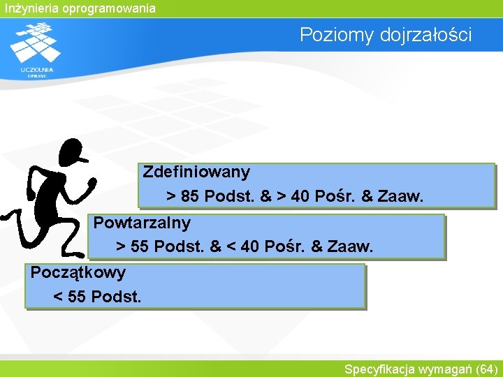 Inżynieria oprogramowania Poziomy dojrzałości Zdefiniowany > 85 Podst. & > 40 Pośr. & Zaaw.