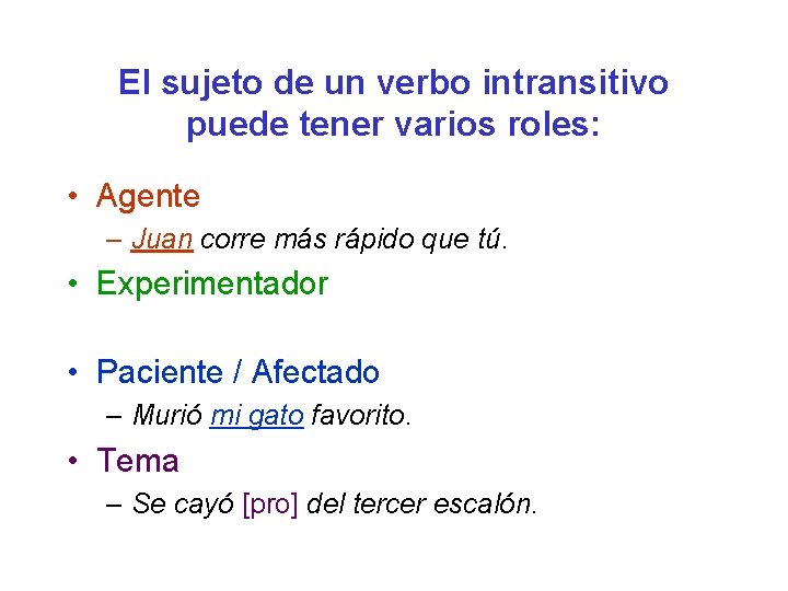 El sujeto de un verbo intransitivo puede tener varios roles: • Agente – Juan El sujeto de un verbo intransitivo puede tener varios roles: • Agente – Juan