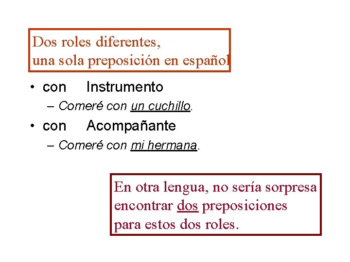 Dos roles diferentes, una sola preposición en español • con Instrumento – Comeré con Dos roles diferentes, una sola preposición en español • con Instrumento – Comeré con