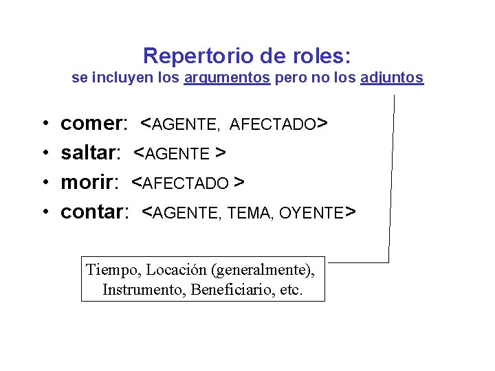 Repertorio de roles: se incluyen los argumentos pero no los adjuntos • • comer: Repertorio de roles: se incluyen los argumentos pero no los adjuntos • • comer: