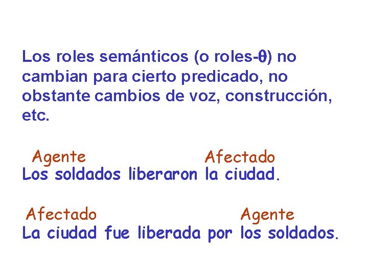 Los roles semánticos (o roles- ) no cambian para cierto predicado, no obstante cambios Los roles semánticos (o roles- ) no cambian para cierto predicado, no obstante cambios