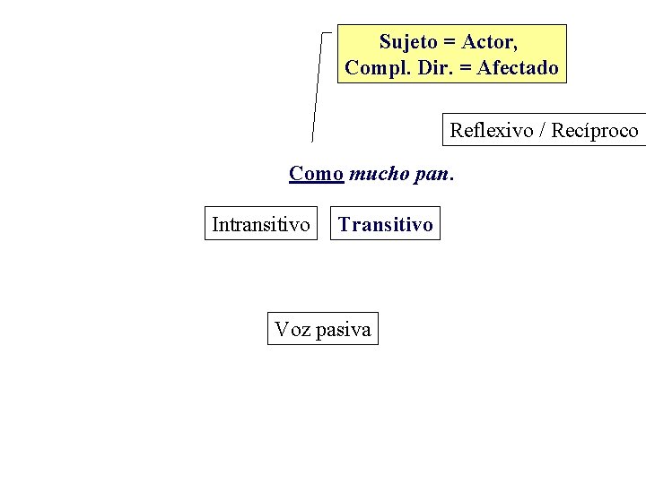 Sujeto = Actor, Compl. Dir. = Afectado Reflexivo / Recíproco Como mucho pan. Intransitivo Sujeto = Actor, Compl. Dir. = Afectado Reflexivo / Recíproco Como mucho pan. Intransitivo