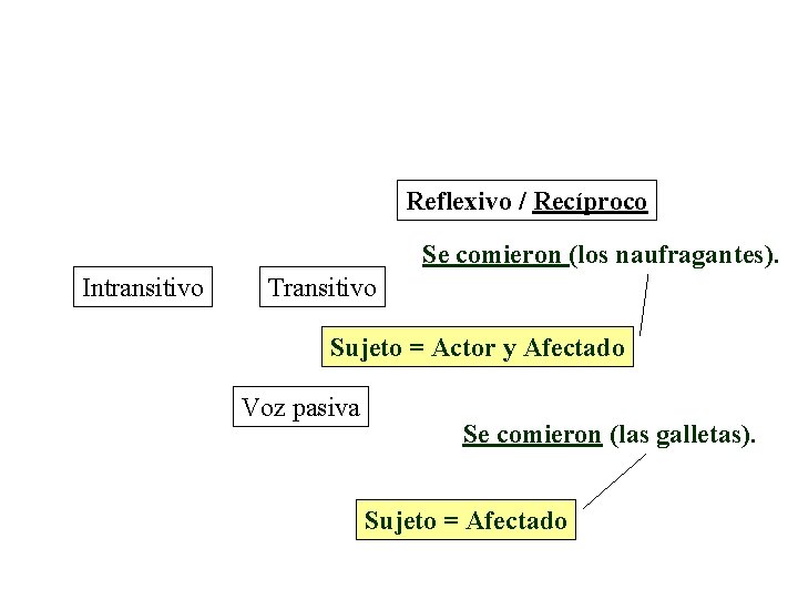 Reflexivo / Recíproco Se comieron (los naufragantes). Intransitivo Transitivo Sujeto = Actor y Afectado Reflexivo / Recíproco Se comieron (los naufragantes). Intransitivo Transitivo Sujeto = Actor y Afectado