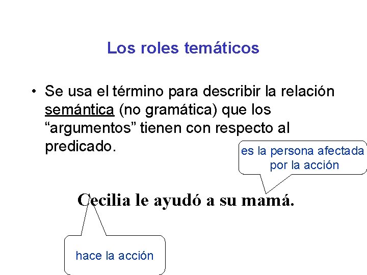 Los roles temáticos • Se usa el término para describir la relación semántica (no Los roles temáticos • Se usa el término para describir la relación semántica (no