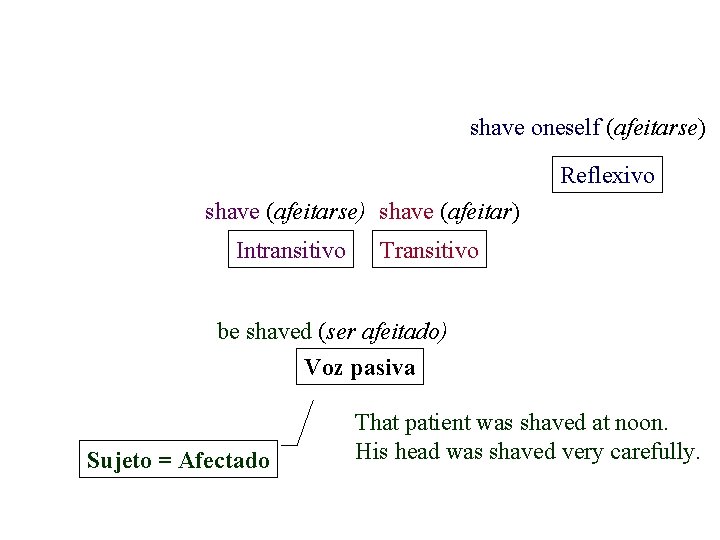 shave oneself (afeitarse) Reflexivo shave (afeitarse) shave (afeitar) Intransitivo Transitivo be shaved (ser afeitado) shave oneself (afeitarse) Reflexivo shave (afeitarse) shave (afeitar) Intransitivo Transitivo be shaved (ser afeitado)