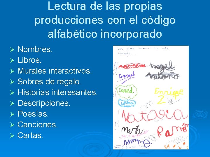 Lectura de las propias producciones con el código alfabético incorporado Nombres. Ø Libros. Ø