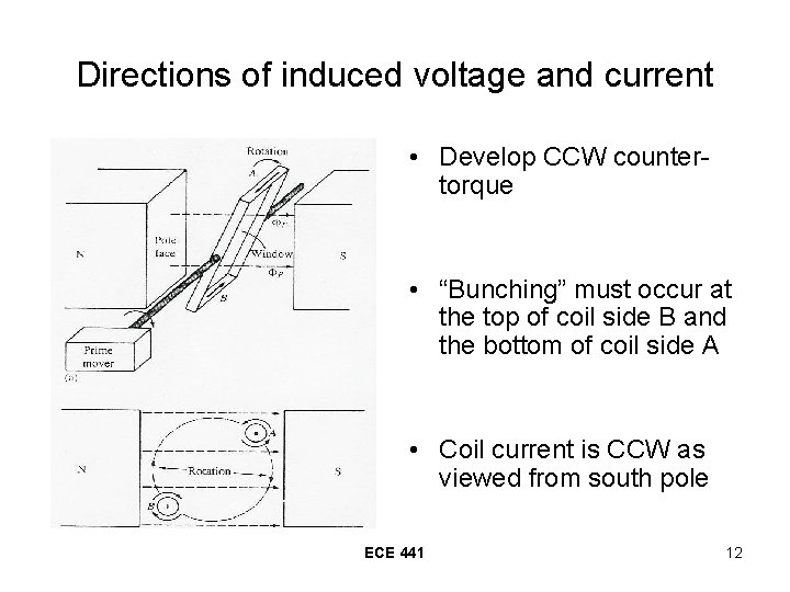 Directions of induced voltage and current • Develop CCW countertorque • “Bunching” must occur