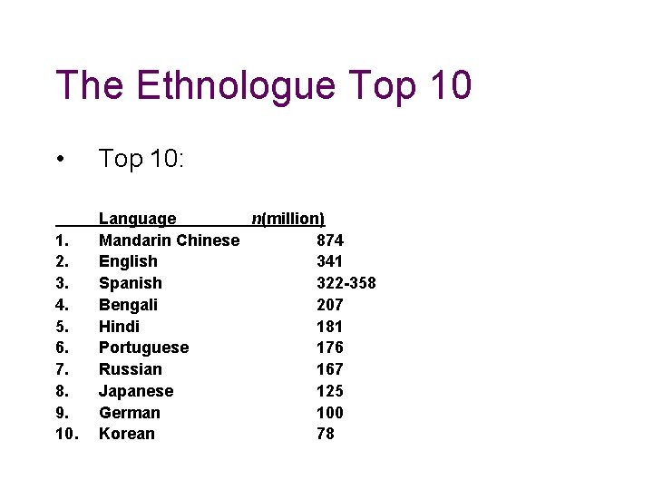 The Ethnologue Top 10 • Top 10: 1. 2. 3. 4. 5. 6. 7.