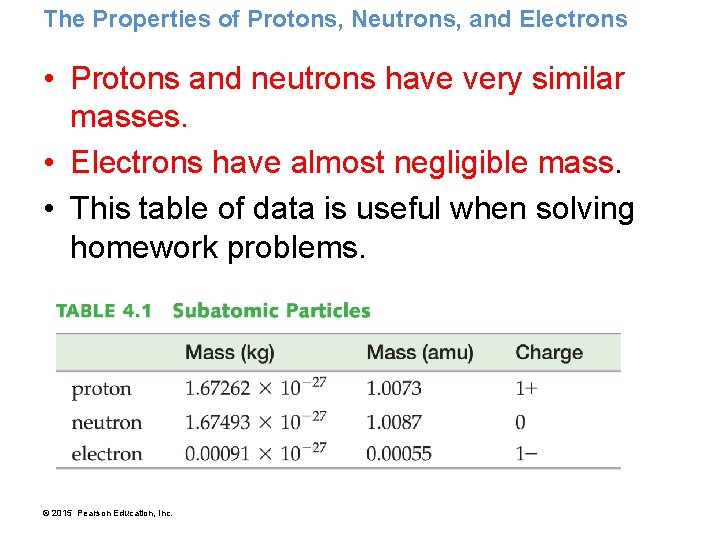 The Properties of Protons, Neutrons, and Electrons • Protons and neutrons have very similar